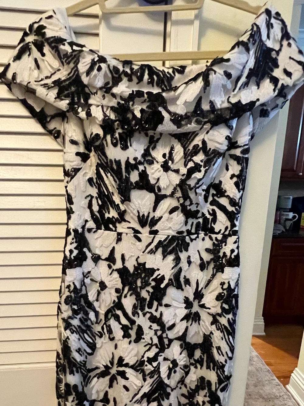 Nicole Bakti Black and White One-Shoulder Floral Sequin Dress